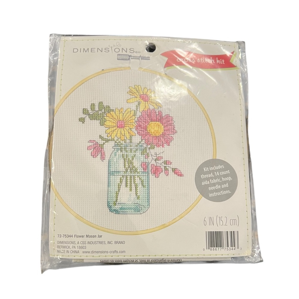 Dimensions Flower Mason Jar Cross Stitch Kit - Pink & Yellow Bouquet